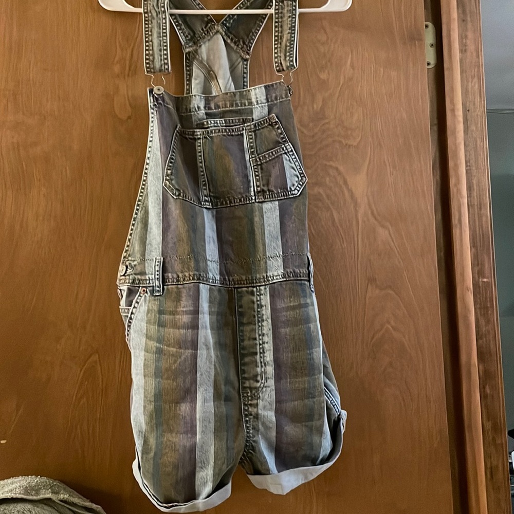 American Eagle Outfitters Colorful Striped Denim Shortalls Size Large 90's Vibes
